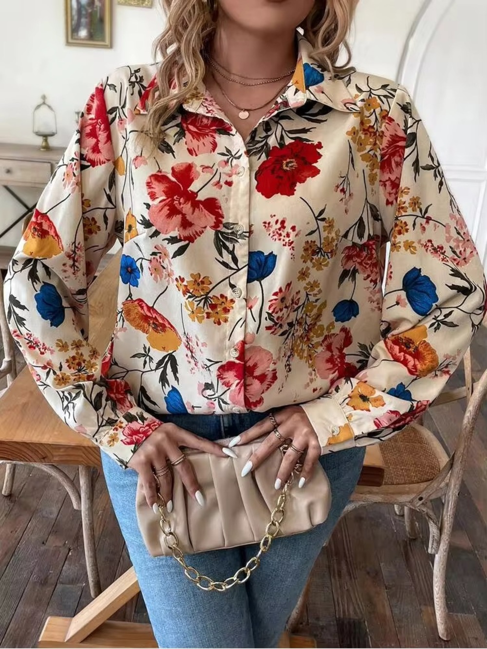 SHEIN Cream Multicolor Vibrant Floral Button Up Blouse XL